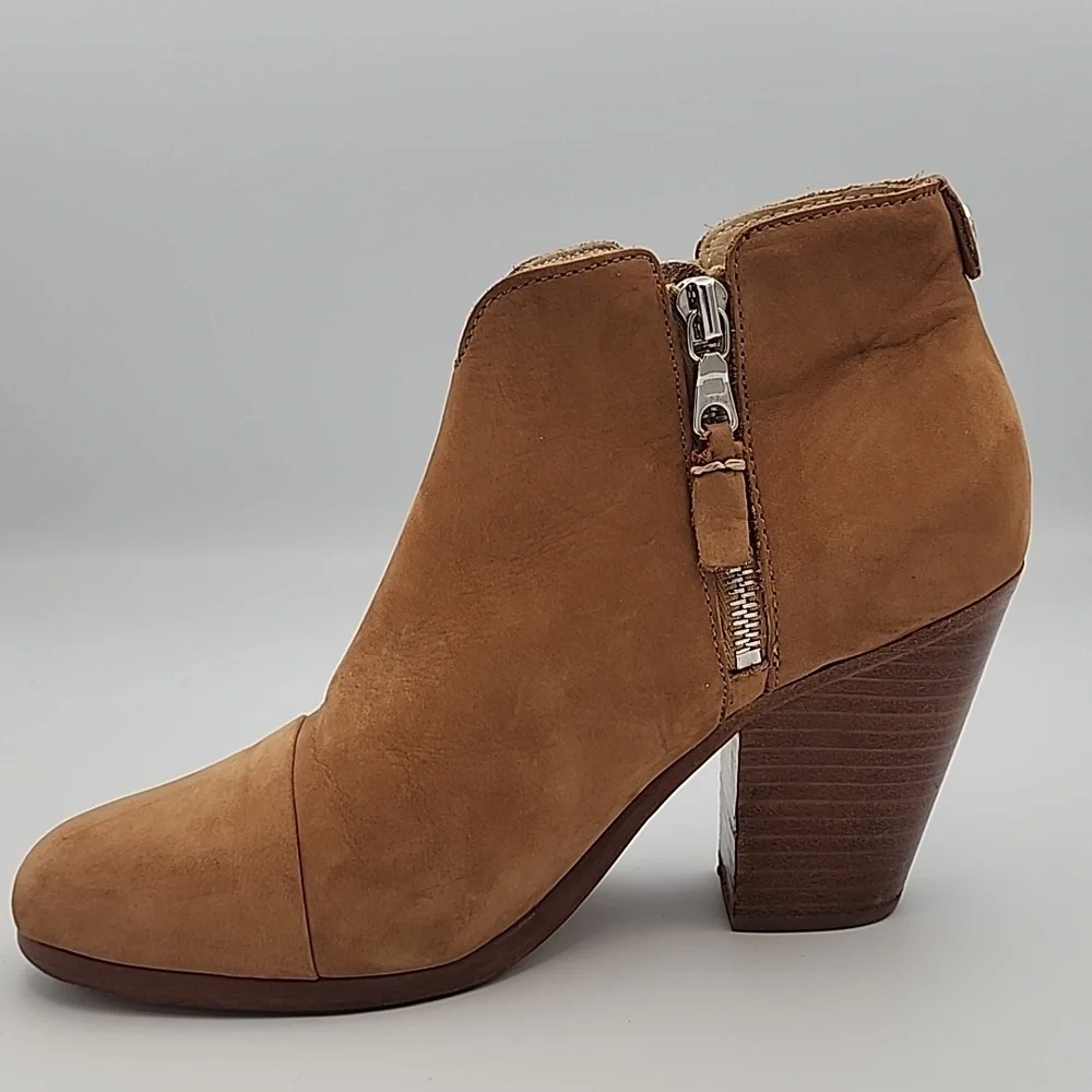 RAG & BONE Camel Nubuck Suede Double Zippered Ankle Boots w/Western Style Heel - Picture 7 of 7